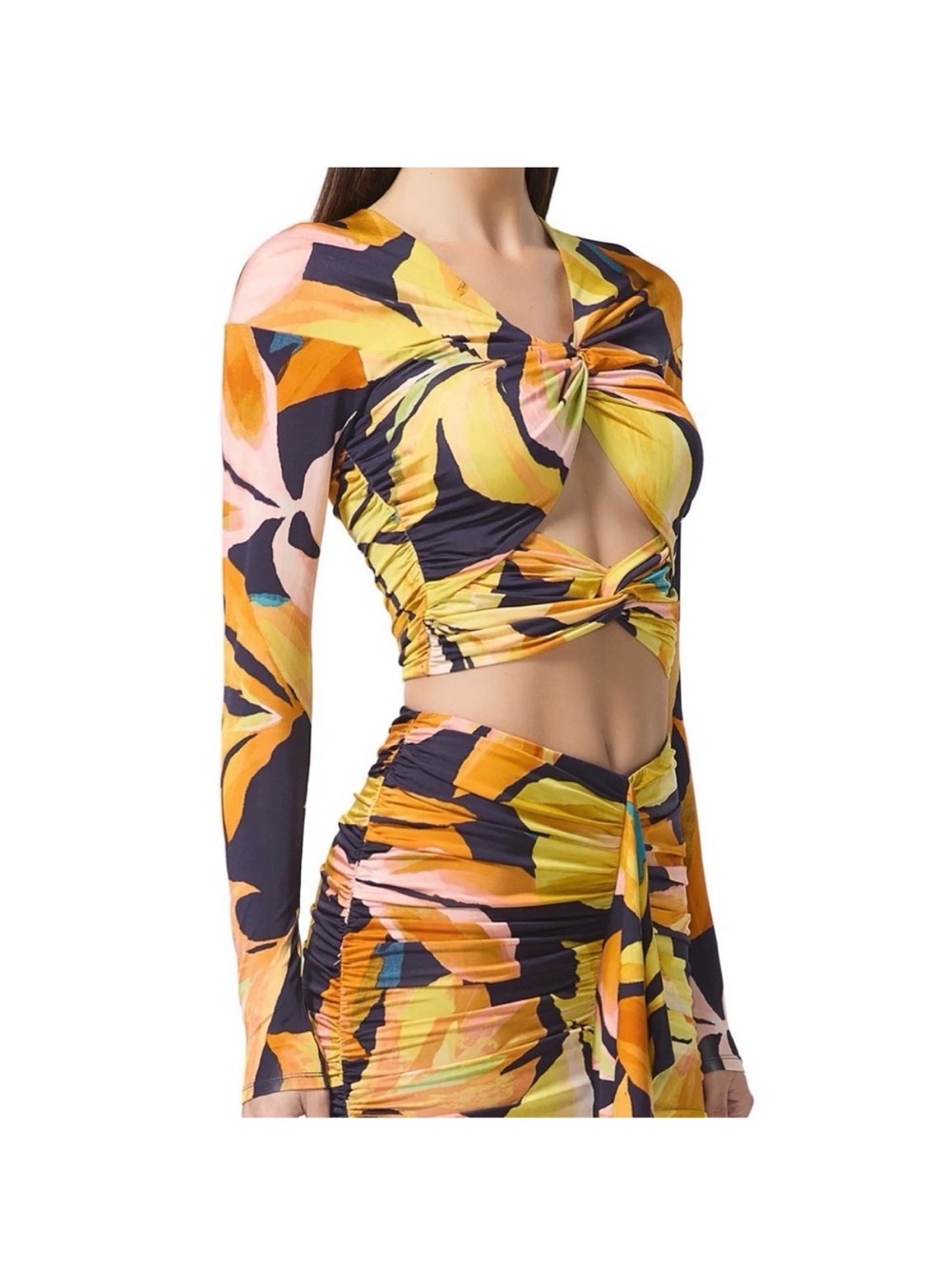AFRM Yellow Orange Black Floral Twist-Front Crop Top